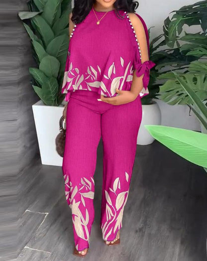 flowersverse Two Piece Sets Women Outifit  Summer Fashion Plants Print Split Sleeve O-Neck Top & Casual Straight Leg Pants Set Streetwear
