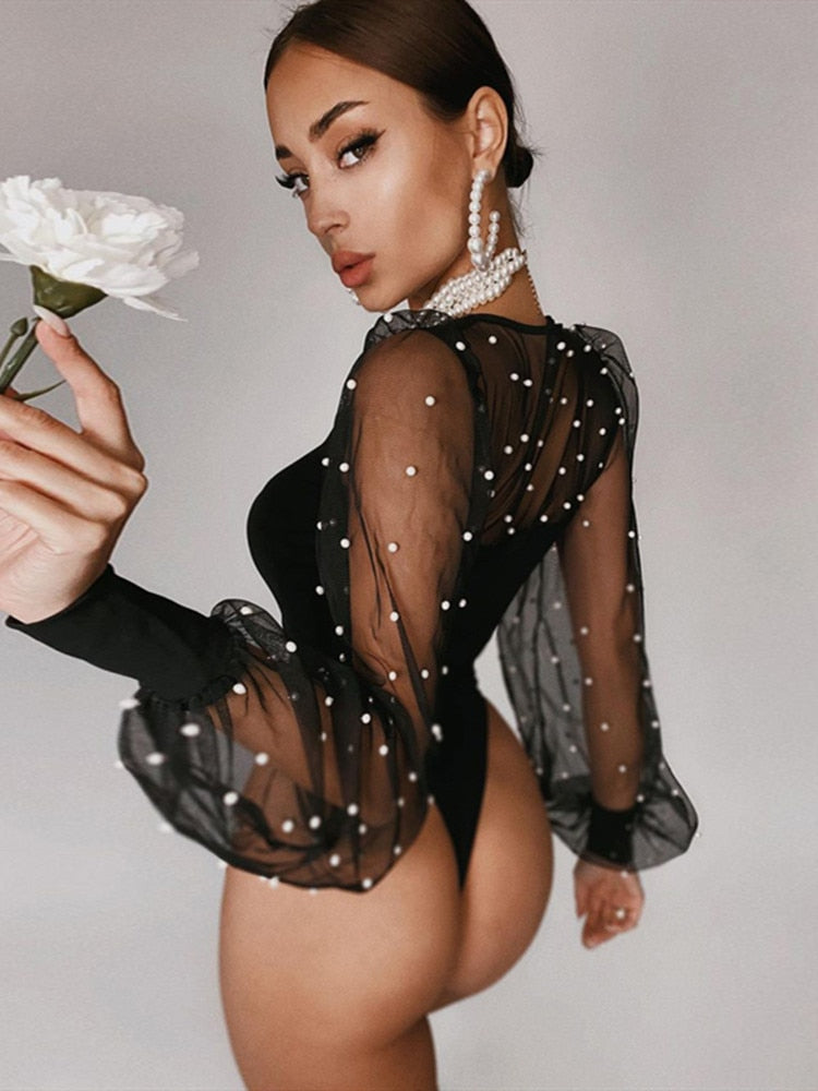 flowersverse Hirigin Pearl Mesh Puff Sleeve Bodysuit Women Tops See Through Skinny Bodycon Body Suit Rompers Basic Black   Bodysuits