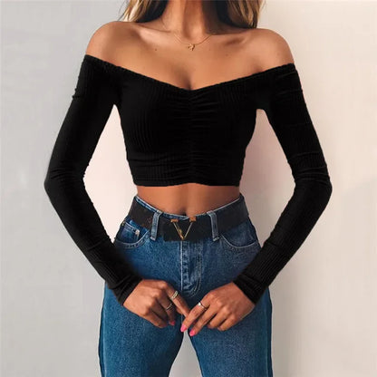 flowersverse-Sexy Off Shoulder Bare Midriff Folds Rib T Shirt Women Long Sleeves Slash Neck Short Tshirt Ladies Tee Shirt Camisetas Mujer