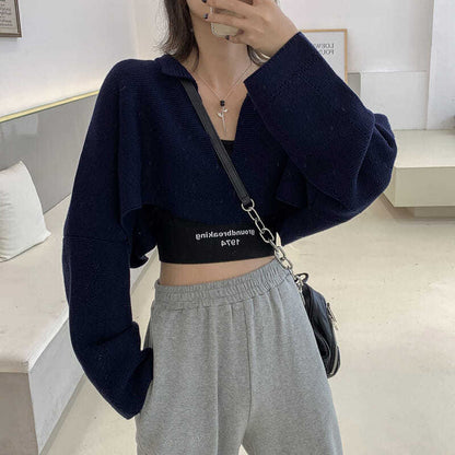 flowersverse Basic Jackets Women Cropped All-Match Streetwear Knitted V-Neck Harajuku Retro Fashion Korean Style Chic Daily Outwear Clothes