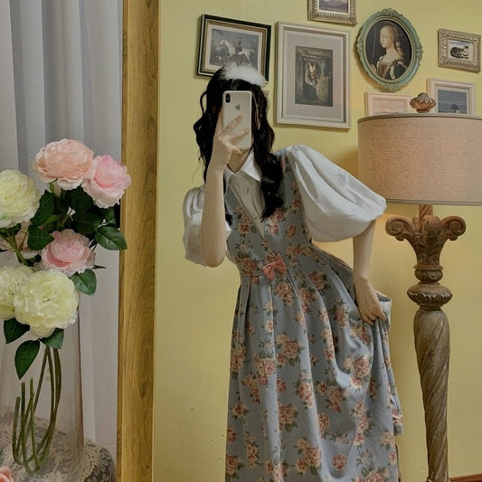 flowersverse Back to school outfit Women Fashion 2 Piece Set Sweet Lolita Style Floral Print Denim Long Dress French College White Short Sleeve Blouse