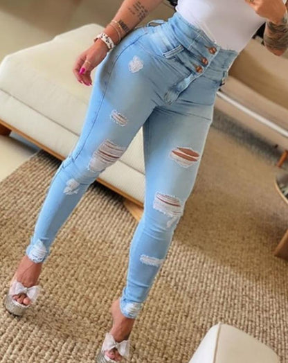 flowersverse Women's Jeans Trend Autumn Fashion High Waist Buttoned Cutout Ripped Casual Skinny Plain Pocket Design Daily Long Jeans