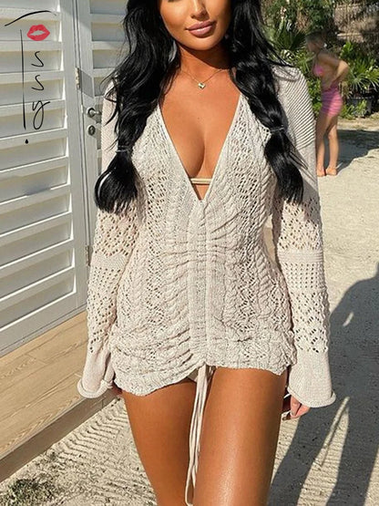 flowersverse- Women Deep V-neck Hollow Out Sexy Knitted Dresses Solid Long Sleeve Drawstring Mini dress Fashion Casual Spring Streetwear