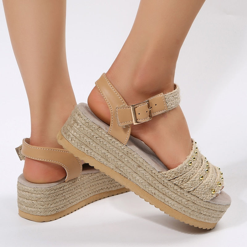 flowersverse Women's Chunky Platform Sandals Thick Bottom Rivet Espadrilles Women Shoes  Summer Weaving Gladiator Sandals Woman Plus Size