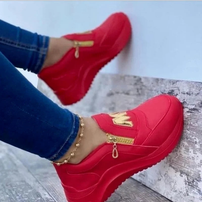 flowersverse-Women Sport Shoes Thick Bottom Solid Color Ladies Vulcanized Sneakers Casual Wedge Walking Shoes Slip On Zipper Women Shoes