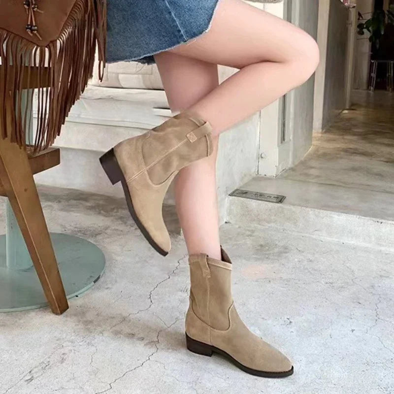 flowersverse-Soft Leather Retro Cowboy Boots New Fall Winter 2024 Western Jeans Boots Pointy Toe Comfy Chunky Brown Frosted Boots for Women