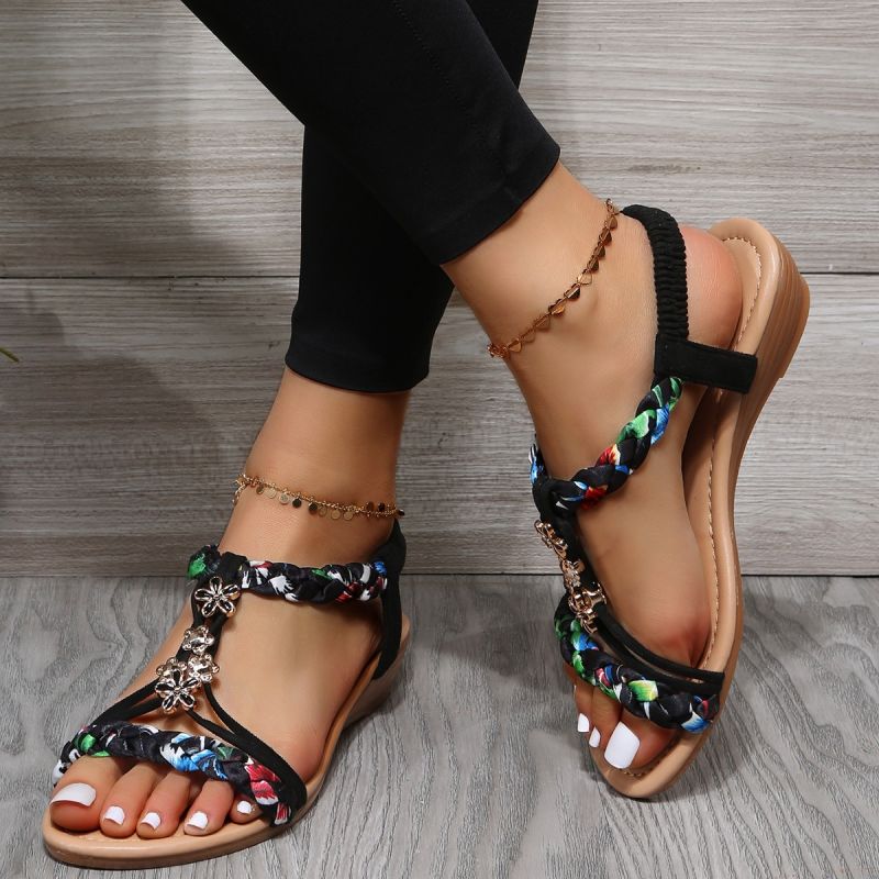 flowersverse Women Wedges Bohemian Sandals Summer  Flower Non Slip Beach Sandalias Mujer Elastic Band Low Heels Roman Shoes Woman