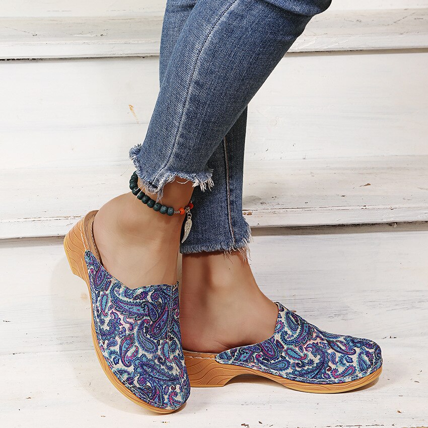 flowersverse  Retro Floral Cloth Lace Up Decor Wood Mules Clogs Comfy Low Heel Sandals Slippers Women Shoes Comfortable Casual Canvas Shoes