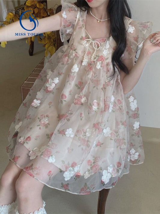 flowersverse Back to school outfit Design Sweet Fairy Floral Dress Women Sleeveless Kawaii Clothing Lolita Mini Dress Female Summer Beach Style Sundress Party