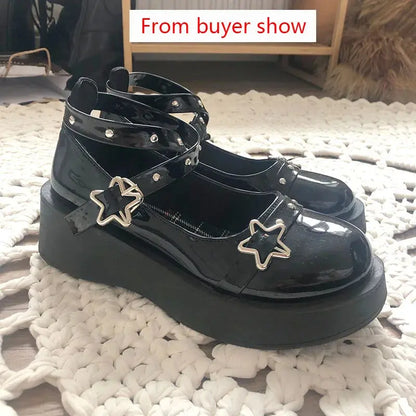 flowersverse-Shoes Lolita shoes Women heels platform mary janes Star Buckle Strap Mary Janes Women Cross-tied Girls Rivet Casual kawaii shoes