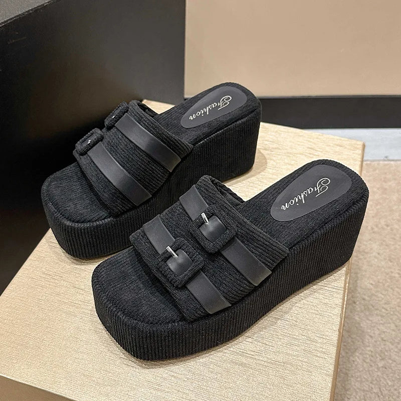 flowersverse-Square Head Platform Slippers Belt Buckles Corduroy Open-toe Women Sandals Summer New  Designer Shoes Fashion Wedge Sandals