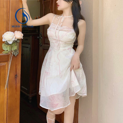 flowersverse Back to school outfit French Vintage Strap Dress Women Fairy Chic Fashion Casual Dress Beach Style Even Party Korean Slim Elegant Dress Summer