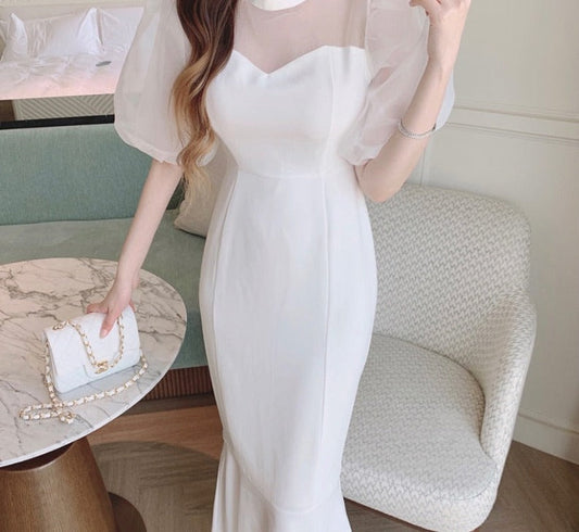 flowersverse Back to school outfit Elegant Dress Women Korean Chic French Summer O Neck Mesh Stitching Puff Sleeve High Waist Slim Long Fishtail Vestidos