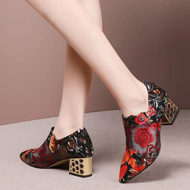 flowersverse New Fashion Personality Pointed Toe Sandals Women Summer New Mid Heel Square Heel Zipper Printed Casual Ladies High Heels