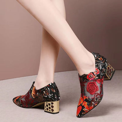 flowersverse New Fashion Personality Pointed Toe Sandals Women Summer New Mid Heel Square Heel Zipper Printed Casual Ladies High Heels