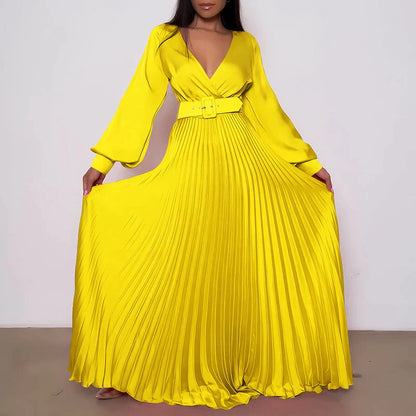 flowersverse-Women Sexy Deep V-neck Swing Pleated Long Dress Spring High Waist Tie-up Belted Maxi Dress Autumn Long Sleeve Boho Party Dresses