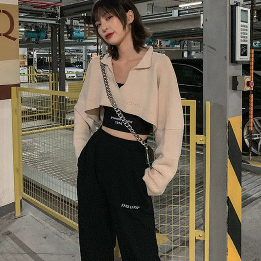 flowersverse Basic Jackets Women Cropped All-Match Streetwear Knitted V-Neck Harajuku Retro Fashion Korean Style Chic Daily Outwear Clothes