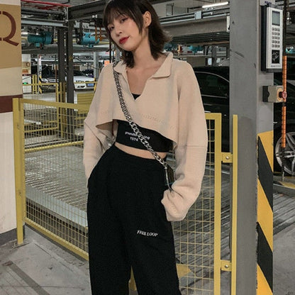 flowersverse Basic Jackets Women Cropped All-Match Streetwear Knitted V-Neck Harajuku Retro Fashion Korean Style Chic Daily Outwear Clothes