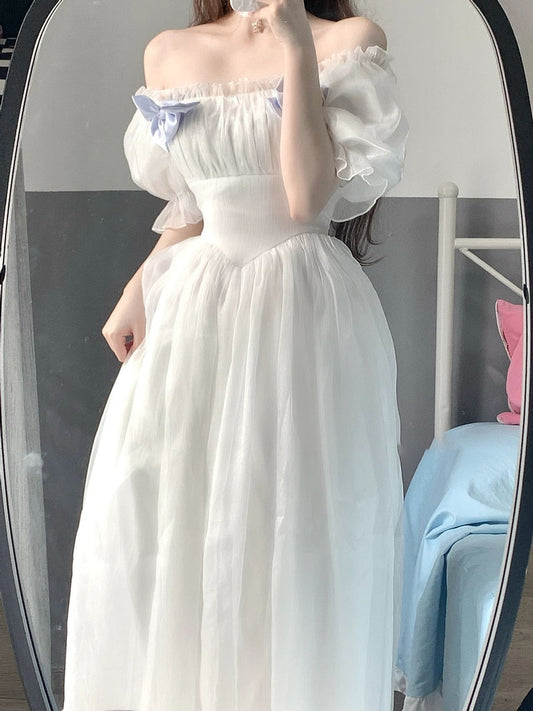 flowersverse Back to school  Summer Vintage White Princess Dress Woman French Style Bandage Bow Slash Neck Puff Sleeve Romantic Fairy Dresses Vestido Blanco