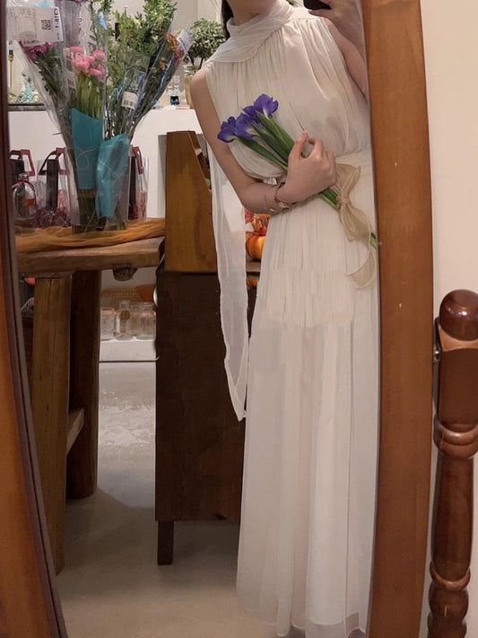 flowersverse Back to school outfit  Summer Sleeveless Beach White Dress Party Women Pure Color Elegant Midi Dress Casual Lace One Piece Dress Korean Outwear