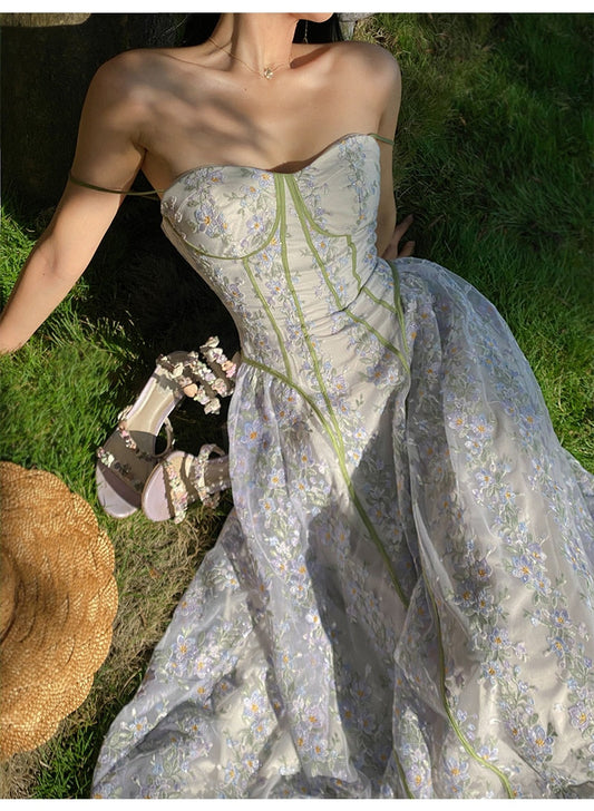 flowersverse Back to school Summer Woman Chic Dress Vintage French Style Embroidery Floral Puff Sleeve Mesh Fairy Dresses For Date Pary Night Vestido Festa