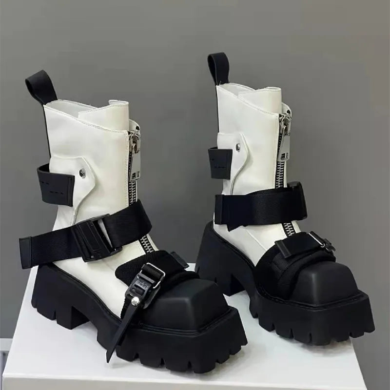 flowersverse-Genuine Leather Boots Women 2024 Tube Platform Boots Belt Buckle Design Cool Biker Botas Square Thick Bottom Head Ankle Boots