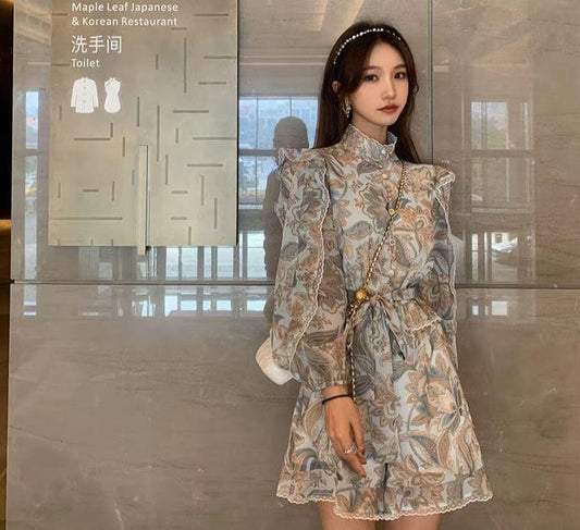 flowersverse Back to school outfit Retro Jumpsuit Ladies  High-Waist Lace-Up Three-Quarter-Sleeve French Elegant Ruffled Lace Stitching Floral Wear