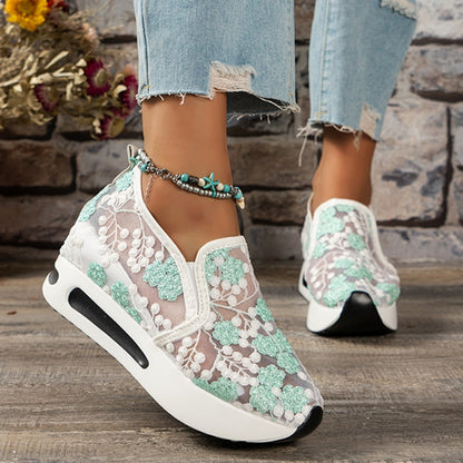 flowersverse Fashion Embroidery Loafers Shoes for Women  Summer Breathable Mesh Platform Sneakers Woman Comfortable Slip On Casual Shoes