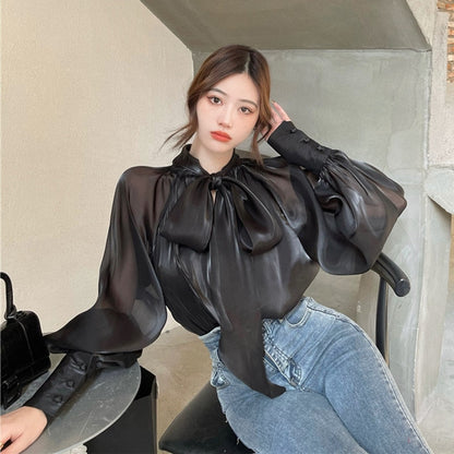 flowersverse Back to school outfit Women Shirts Spring Autumn French Sexy Temperament Female Bow-Tie Shiny Feeling Slightly Transparent Loose Blouse