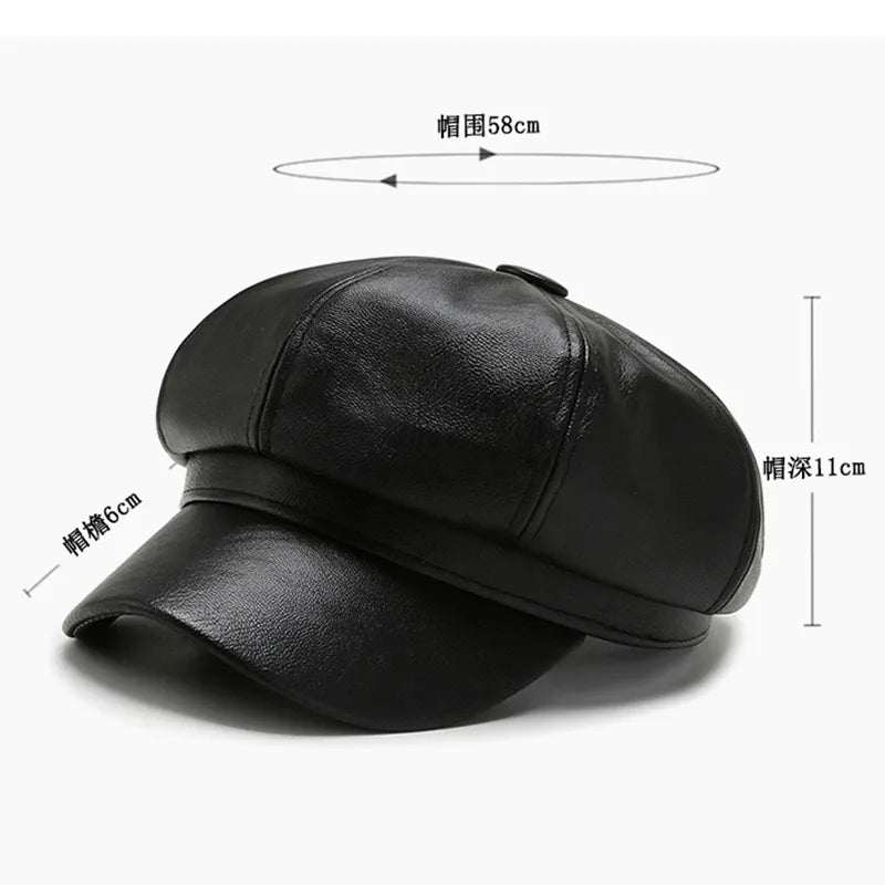 flowersverse-Women Men PU Leather Berets Hat Retro British Solid Beret Baseball Cap Outdoor Sun Hat Winter Warm Octagonal Hats Newsboy Caps