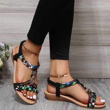 flowersverse Women Wedges Bohemian Sandals Summer  Flower Non Slip Beach Sandalias Mujer Elastic Band Low Heels Roman Shoes Woman