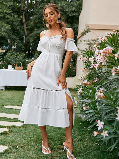 Graduation Gift Big Sale Elegant cold shoulder ruffle white summer dress women Cut out lace cotton maxi dresses A-line split holiday vestido 2022