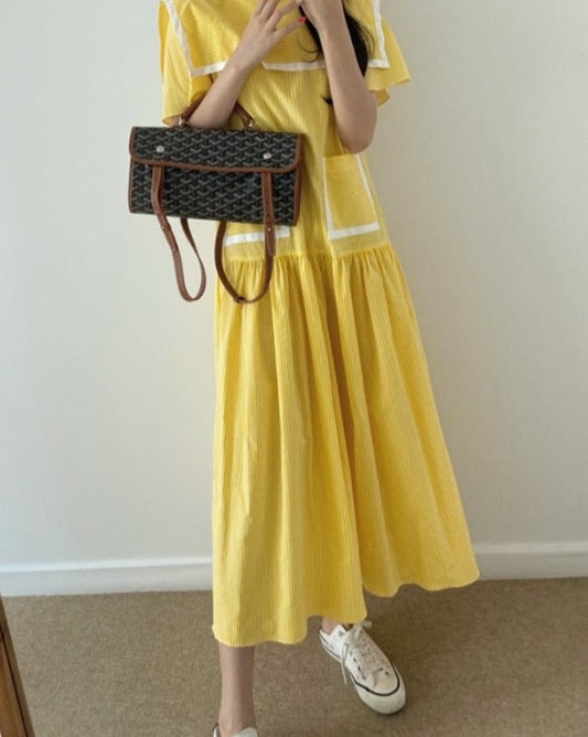 flowersverse Back to school outfit Long Dress Women Summer Korean Chic Sweet Navy Collar Contrast Color Stitching Short-Sleeved Double-Pocket Vestidos