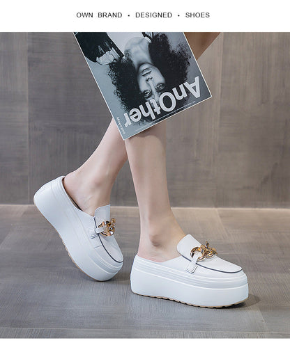 flowersverse  7Cm Genuine Leather Platform Shoes Wedge Slippers Chain Women Summer Shoes Genuine Leather Mules Sandals Slides For Women