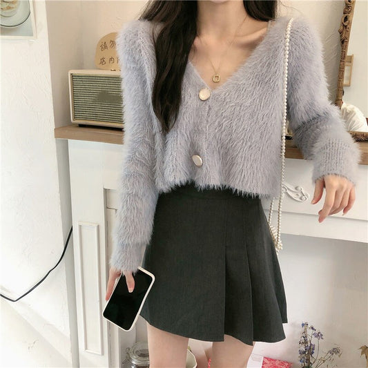 flowersverse Back to school outfit Woman Cardigan Ins Spring Autumn New Loose Solid Simple Single Breast Long Sleeves Versatile Female Short Knitting Top