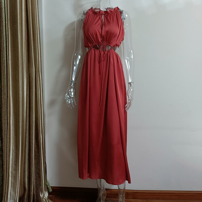 flowersverse Back to college Elegant O Neck Satin Lace Up Long    High Waist Hollow Out Sleeveless   Maxi Dress Party Dresses