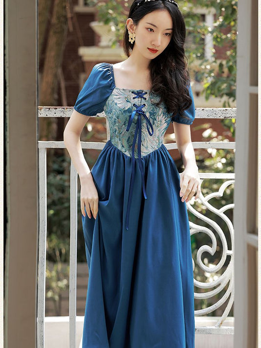 flowersverse Back to school outfit Summer Vintage Oil Paintings Jacquard Blue Dress For Slim Lady Retro French Style Floral Bandage Princess Dresses Vestido Festa