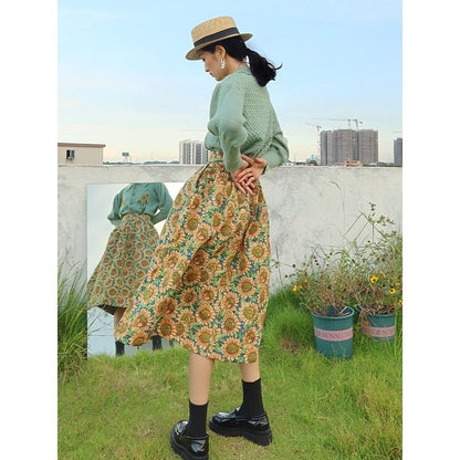 flowersverse Back to school outfit Van Gogh Skirt  Spring Autumn New Style Cover Meat Slimming Retro Elegant Sunflower Jacquard High Waist Skirts