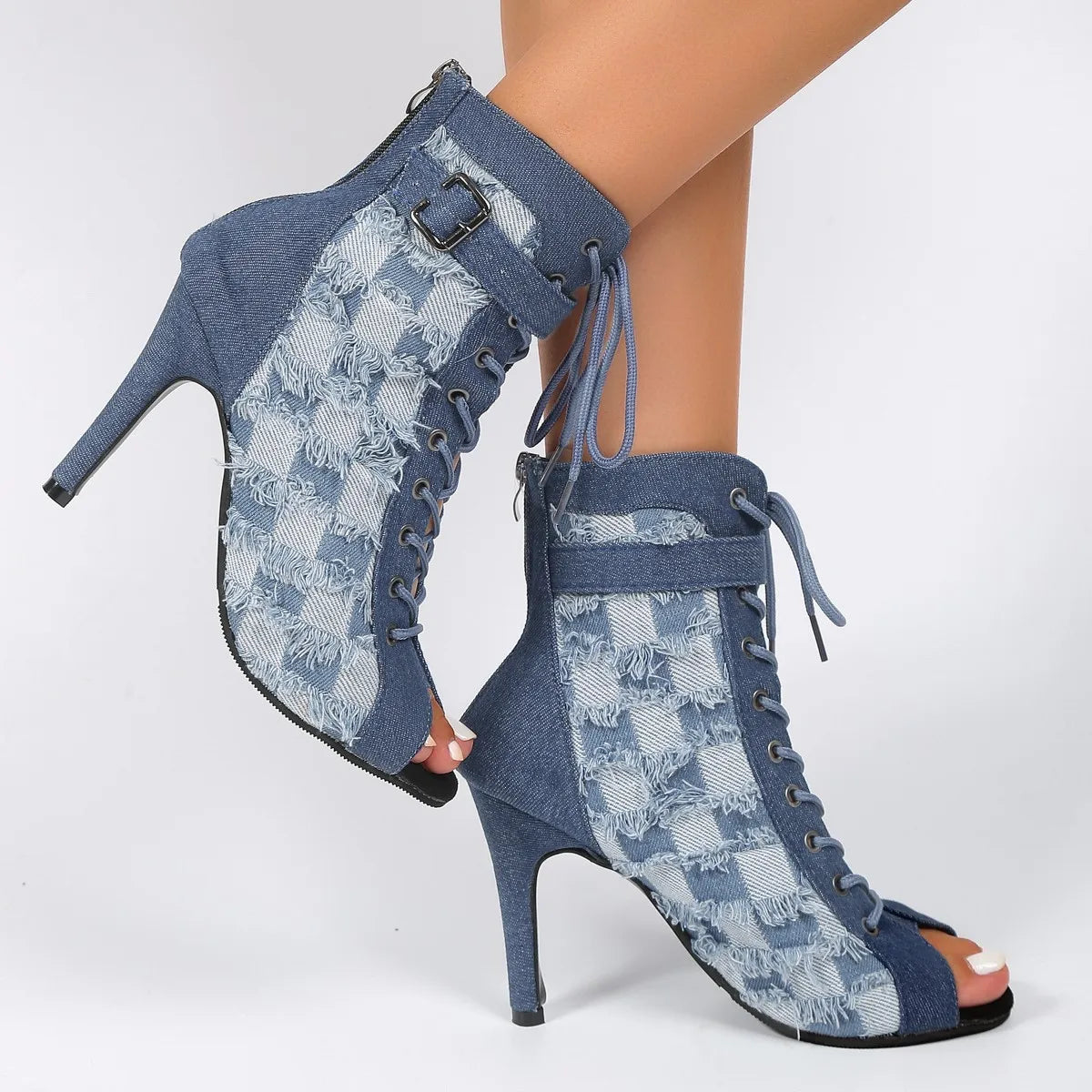 flowersverse-Rubber Sole Latin Dance Boots Sexy Modern Shoes Dance High-heeled 9cm Sandals Lace-up Hollow Belt Buckle Fashion Square Denim