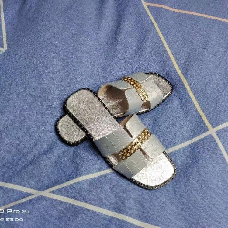 flowersverse   Women's Slippers New Summer Fashion Flat Sandals European Plus Size Women's Metal Chain Beach Flip Flops Female Sandals