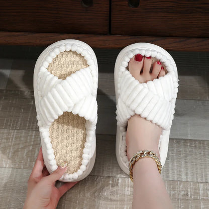 flowersverse-2024 rNew Women Home Slippers Open-Toe Cross Band Linen Soled Indoor Slides Linen Soled Non-Slip Bathroom Slippers