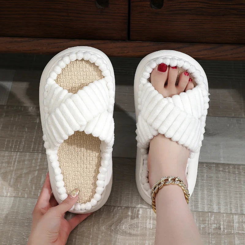 flowersverse- rNew Women Home Slippers Open-Toe Cross Band Linen Soled Indoor Slides Linen Soled Non-Slip Bathroom Slippers