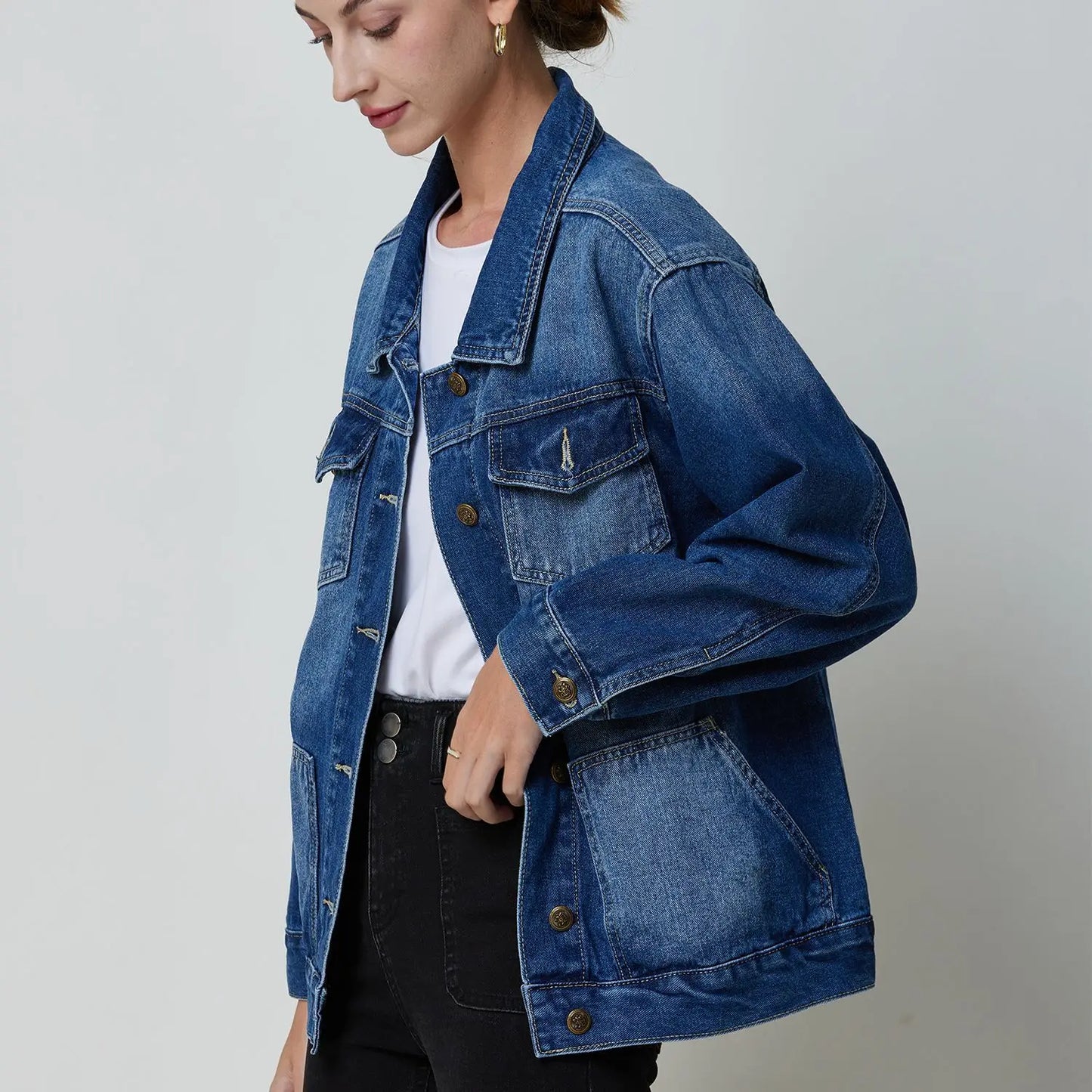 flowersverse-New Spring Autumn Single-breasted Womens Denim Jacket Coat Loose Long Sleeve Tops Casual Jean Coats Female Outerwear