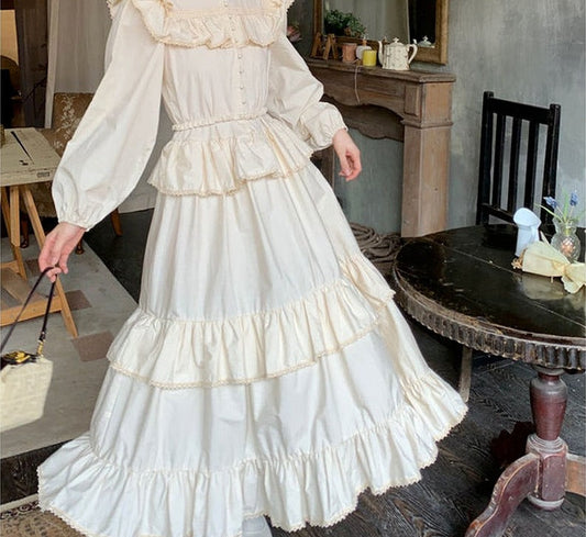 flowersverse Back to school outfit Sweet Dress  Spring Autumn Female French Niche Palace Style Lotus Leaf Fold Design Sense Long Thin Cake Vestidos