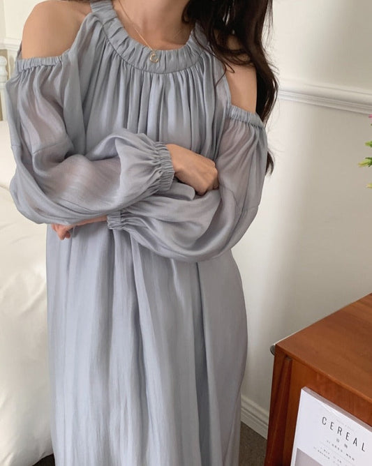 flowersverse Back to school outfit Elegant Dress Women Korean Chic Summer O Neck Off-The-Shoulder Design Loose Puff Sleeve Long Vestidos Mujer Female