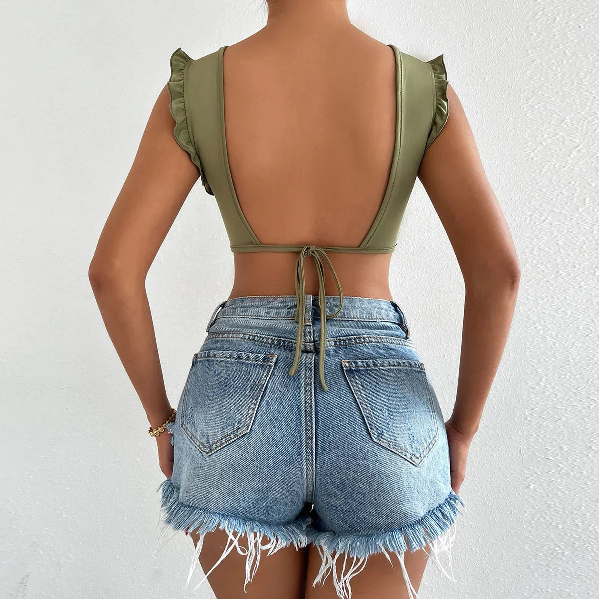 flowersverse-Women Sexy Tank Top with Metal Ring Ruched Slim Halter Backless Bandage Camis Tube Top Female Sleeveless Cropped Vest