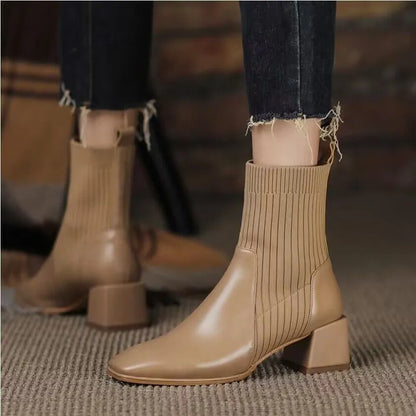 flowersverse- Autumn Winter Ankle Socks Shoes Plush Women Boots Size 42 43 Knitted Short Boots Square Toe Retro High Heels Botas De Mujer