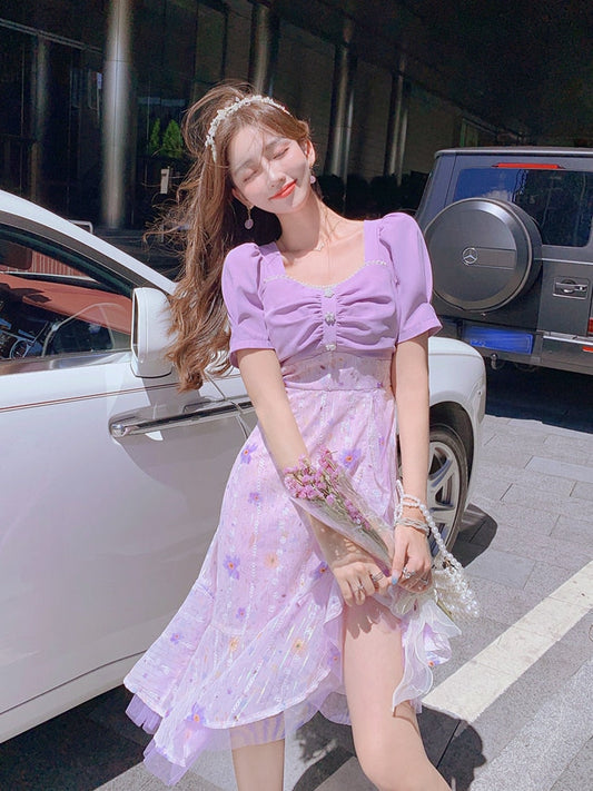 flowersverse Back to school  Korean Design Lavender Chiffon Dress Woman Summer Chic Beading Print Floral Asymmetrical Dresses For Club Party Vestido Festa