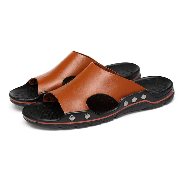 flowersverse-Summer Men Slippers Genuine Leather Breathable Clogs Sandals Beach Classics Leather Slides Outdoor Flip Flops Plus Size Men Shoe