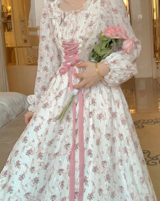 flowersverse Back to school outfit Sweet Summer Dress Women French New Vintage A-Line Short Sleeve Bow High Waist Thin Strap Floral Long Vestidos